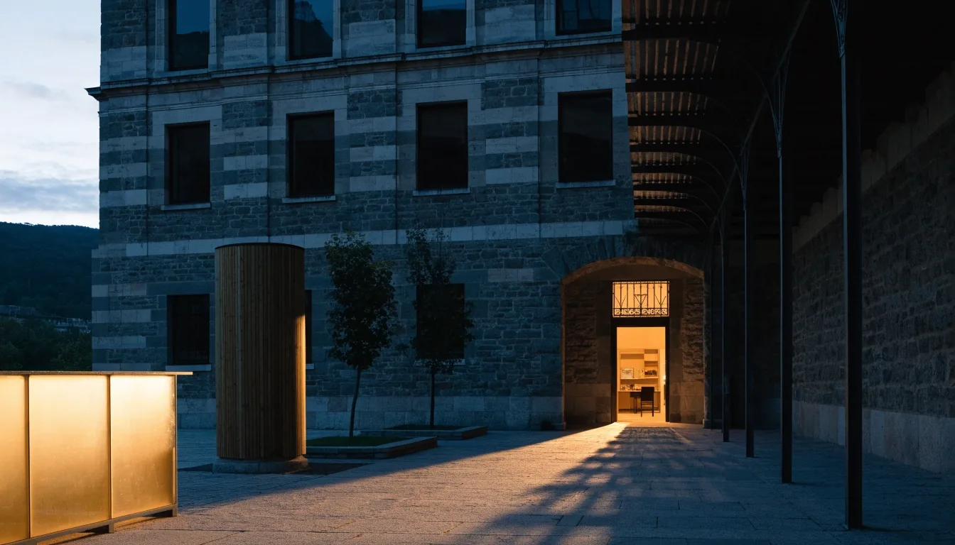 Stone-walled editorial building courtyard at dusk with a lit doorway