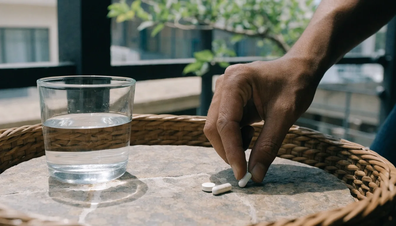 Two unbranded tablets and a capsule laid side by side on a scored stone tile