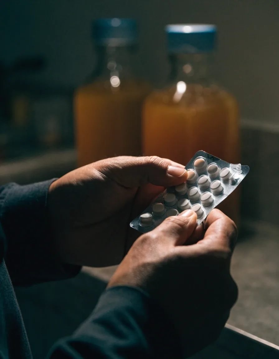 A man's hands turning an unbranded blister strip of tablets under a single lamp