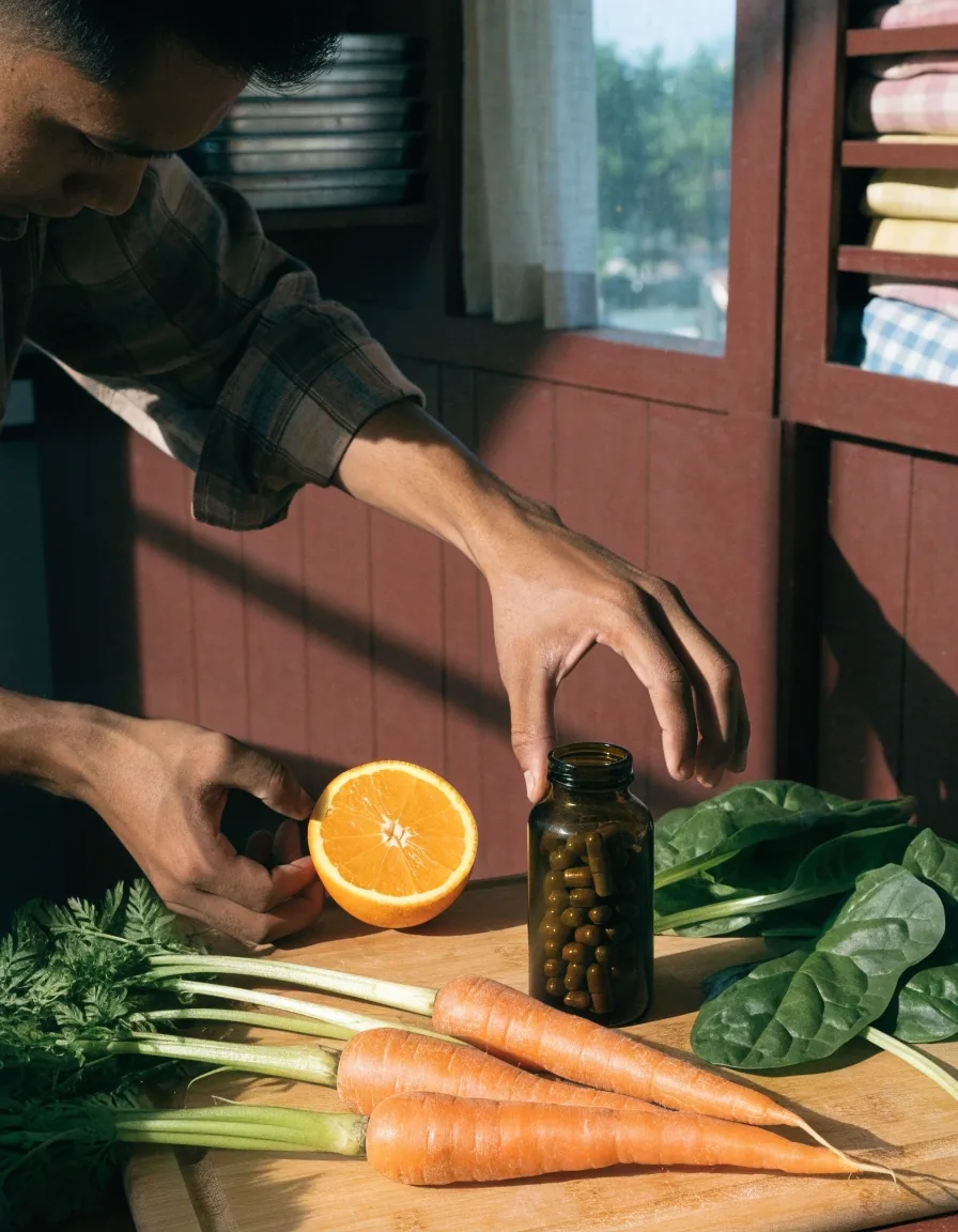 Unbranded green supplement bottle on bare slate with fresh whole vegetables and cut citrus nearby